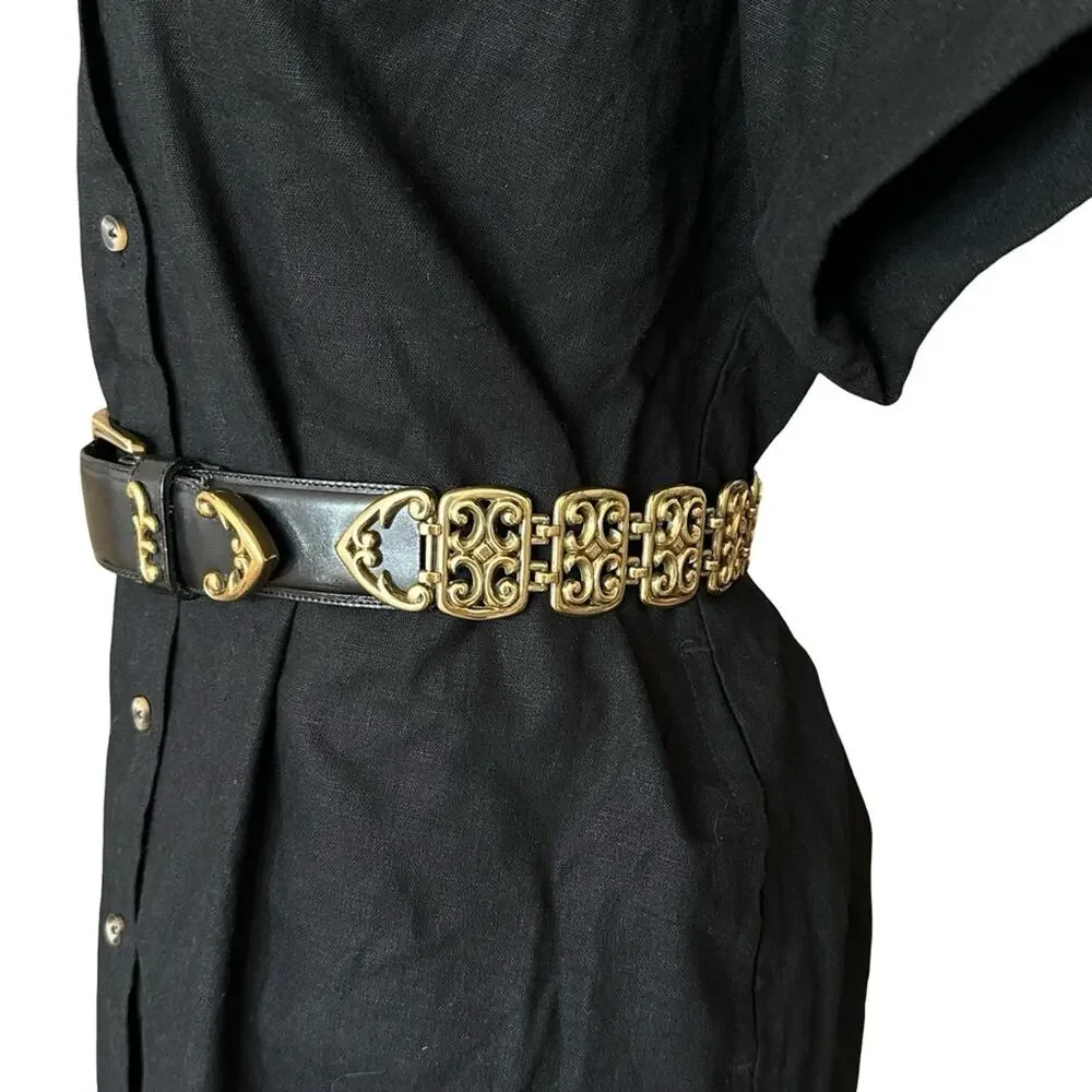 Brighton Black Leather Belt Antique Gold Open Scrollwork Panel Links Size MEDIUM